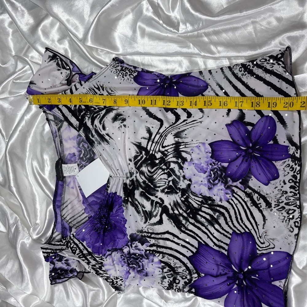 y2k Brittany Black Floral Animal Print Top Purple Rhinestone Ruched M - Picture 6 of 6
